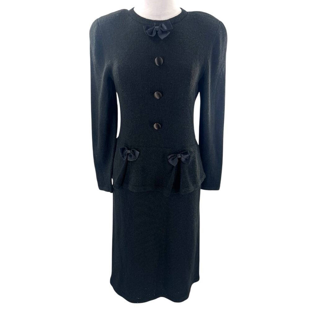 Vintage Adolfo for Montalfis black bow dress wool blend